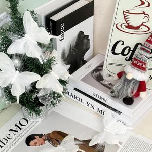 12 PCS White Sequins Feather Butterfly Glitter Butterflies Decor Christmas Ornaments Clips on for Spring Tree Crafts Flower Bouquets Fairy Garden Wedding Home(White)