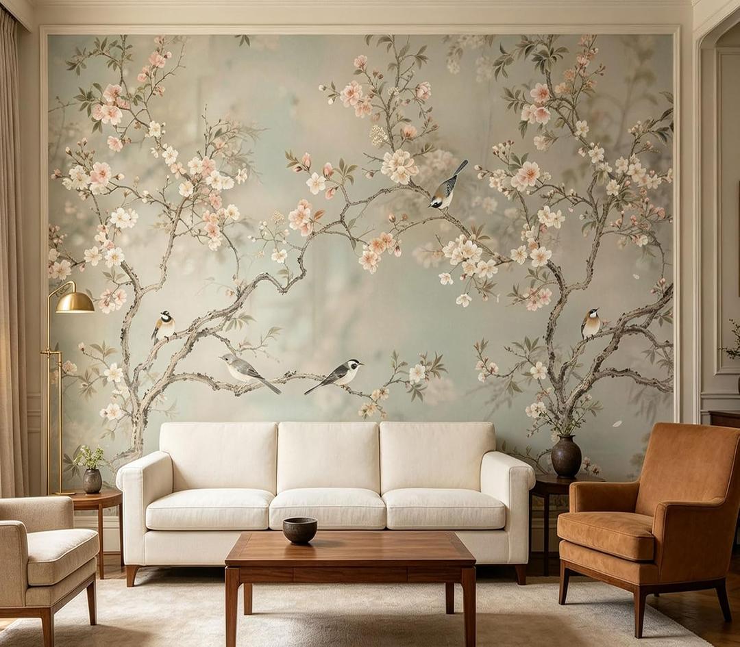 Pastel Chinoiserie Bird Floral Branch Wallpaper Peel and Stick