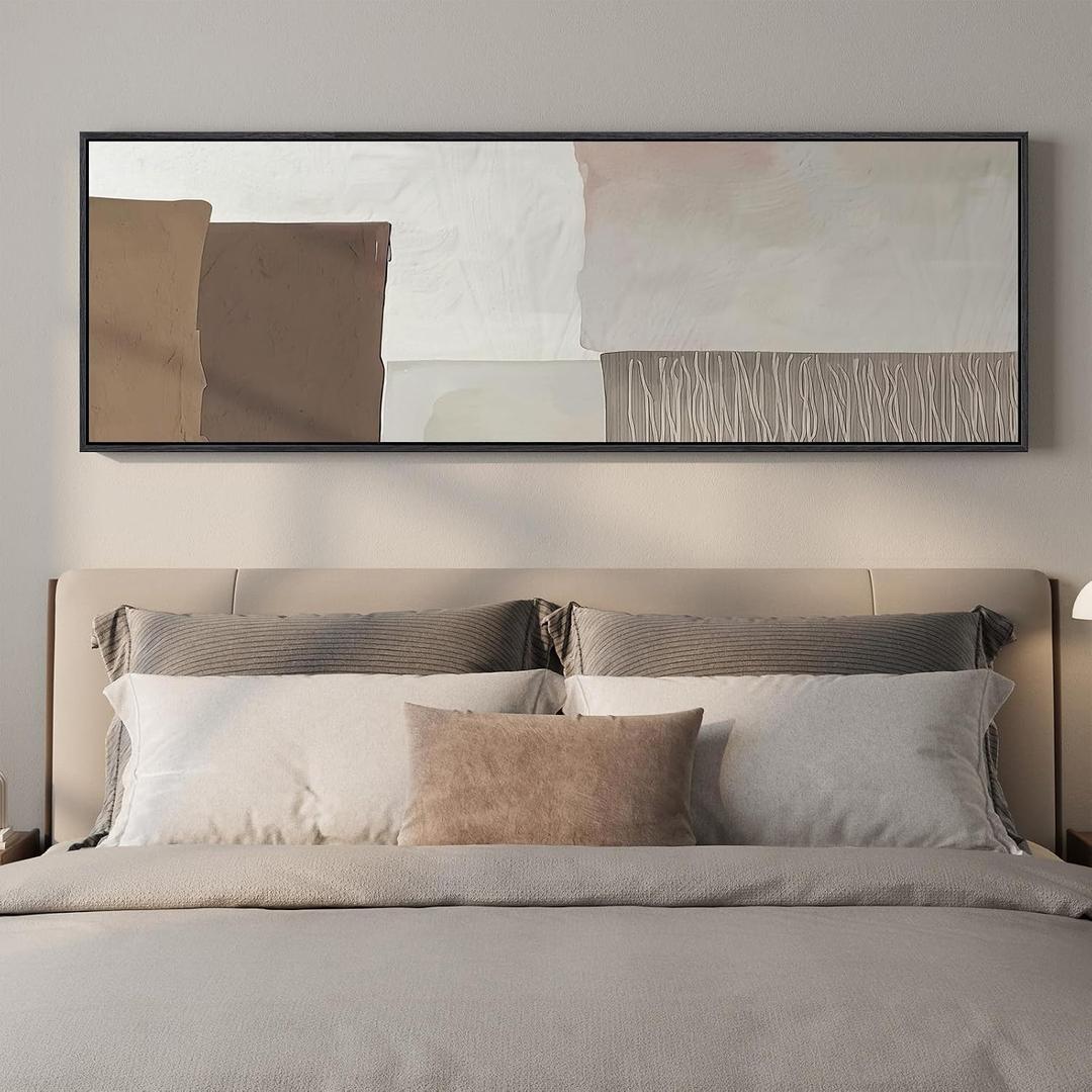 Framed Neutral Narrow Abstract Wall Art for Bedroom, Large Long Minimalist Horizontal Canvas Artwork for Walls, Modern Beige and Brown Picture Print for Living Room Over Bed Wall Art Decor, 20x60 Inch, 57"L x 19"W