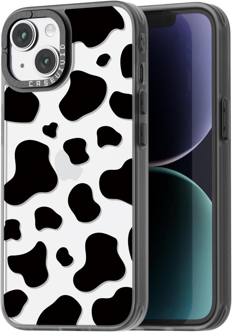 Compatible for iPhone 15 Case Cute Aesthetic - Durable Fashion Funny Phone Case - Girly Milk Cow Pattern Print Cover Design for Woman Girl 6.1 inches Black