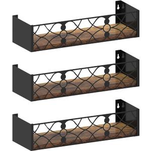 Black Floating Shelves with Removable Insert Plate Set of 3, Wooden Display Shelves, Rustic Decorative Wall Shelves for Living Room, Bedroom, Kitchen