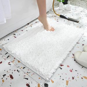 NIOKIT Chenille Bathroom Rugs Soft Shaggy and Absorbent Luxury Bath Mat Non Slip Carpet Mats for Tubs Toilet Showers Machine Washable Small Bathmat Entrance Doormat Solid 20" X 32" White