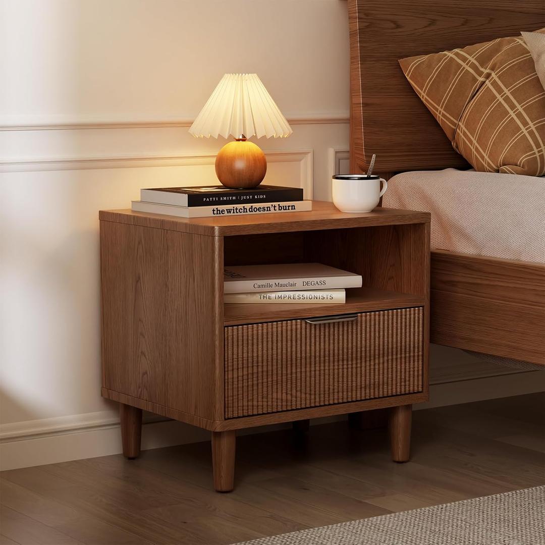 Fluted Nightstand, Mid Century Modern Nightstand, Walnut Finish Bedside Table with Drawer and Open Shelf, Bedroom Side Table, 18.9" W x 15.7" D x 18.5" H