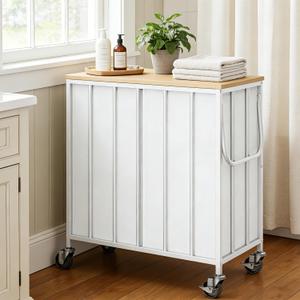 120L Laundry Hamper with Wheels and Lid, Rolling Laundry Basket with Dual Removable Liners, Soft-Close Flip-Top Wooden Lid, Metal Handles, Clothes Organizer for Bedroom and Laundry Room, 120L-2 Sections