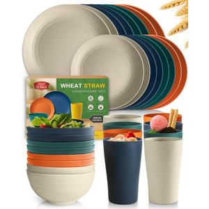 Teivio 32-Piece Kitchen Plastic Wheat Straw Dinnerware Set, Service for 8, Dinner Plates, Dessert Plate, Cereal Bowls, Cups for Everyday Dining, Unbreakable Plastic Outdoor Camping Dishes, Colorful