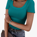 Women Short Sleeve Tops Scoop Neck Ribbed Knit Slim Fitted Basic Tee Shirts Casual Summer Clothes Size XL
