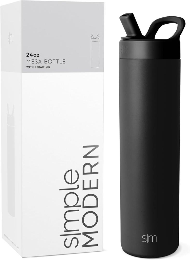 Simple Modern Water Bottle with Straw lid | Insulated Stainless Steel Thermos | Reusable Travel Water Bottles for Gym & Sports | Leak Proof & BPA Free | 24oz, Midnight Black