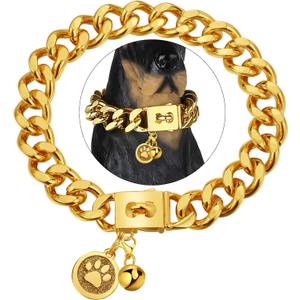 Gold Chain Dog Collar 23mm Cuban Link Dog Collar with Snap Buckle 18K Gold Plated Stainless Steel Metal Dog Chain Collars for Medium Large Dogs Includes Dog (22") (22"(Fit Dog Neck 19"-21"))