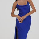 IHOT Women's Sleeveless One Shoulder Bodycon Ruched Slit Wedding Guest Cocktail Midi Dress (Large, Blue)