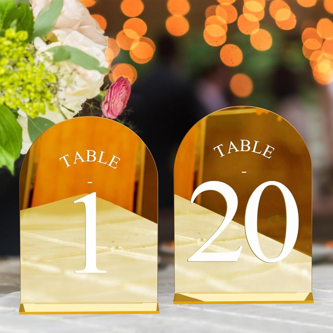 JOYIT Arch Wedding Table Numbers 1-20 with Stands 5" X 7" Acrylic Mirrored Gold Table Number Holders, Perfect for Wedding Receptions, Parties, Anniversaries, and Events