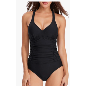 One Piece Swimsuit Women Tummy Control Cross Back Bathing Suit V Neck Adjustable Straps Ruched Swimwear, Size Large