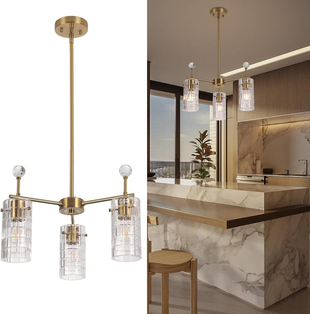 3 Lights Gold Chandelier Glass Long Pendant Light Fixtures Compatible With E26 Light Bulb,Adjustable Height,For Kitchen Island ，Dining Room，Living Room，Kitchen, 29.5"L x 12.5"W x 36.58"H