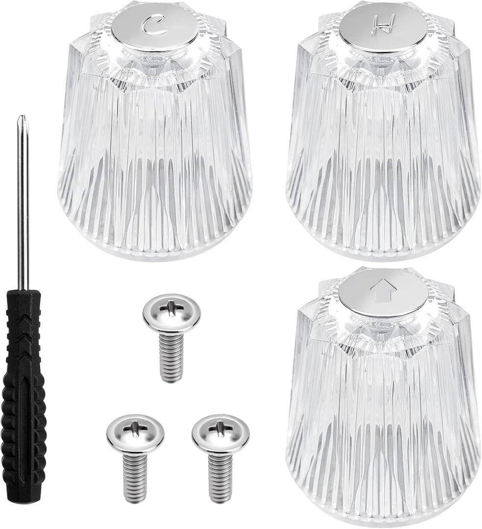 Gosknor 3 Piece Shower Knob Replacement, Clear Acrylic Faucet Handles Hot/ Cold/ Diverter Bathtub Knobs Bathroom Faucet Knobs Compatible with Price Pfister Contessa and Windsor, with Screwdriver