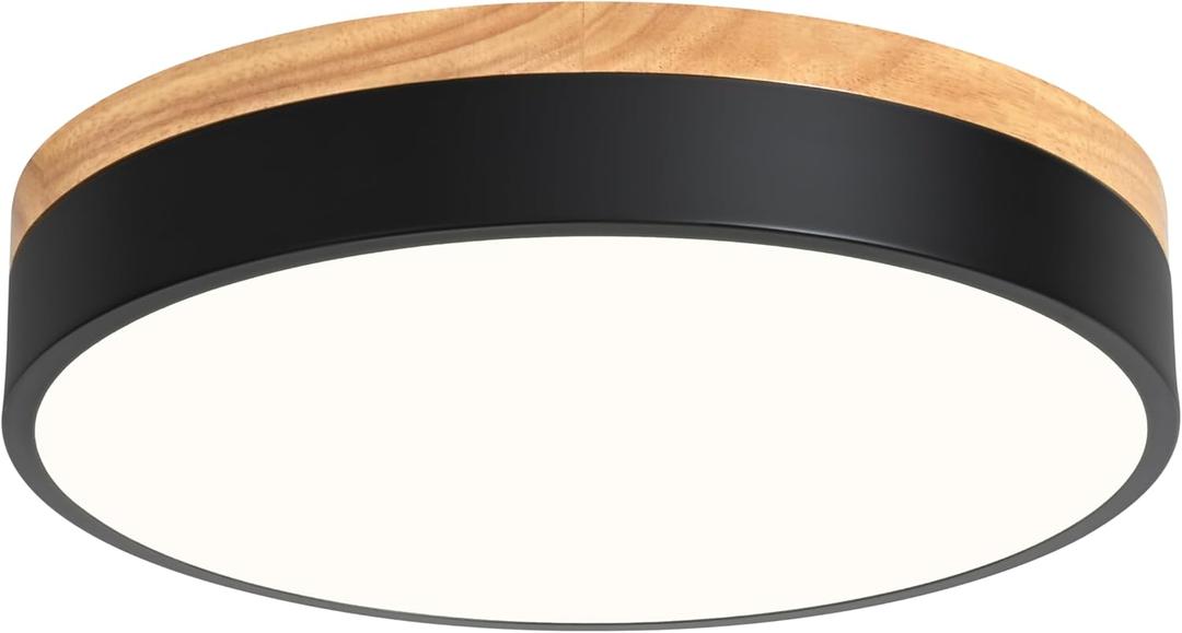 Dimmable Wood LED Flush Mount Ceiling Light, 5CCT 2700K-6000K Modern Black Close to Ceiling Lighting Fixtures, Minimalist Round Ceiling Lamp for Bedroom, Kitchen, Hallway, Laundry Room (11.8")