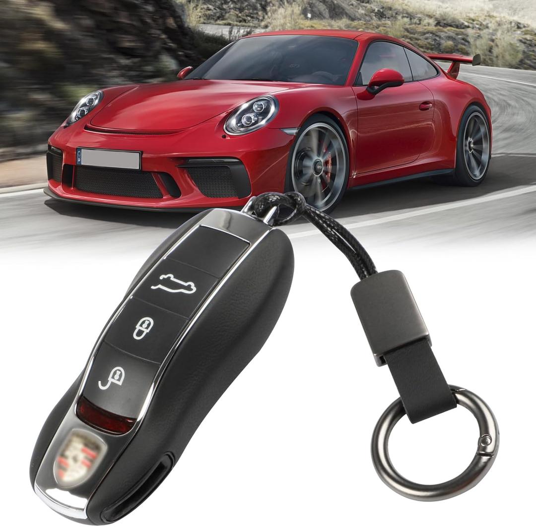 Jaronx Compatible with Porsche Key Fob Cover,Leather Key Fob Shell Cover Compatible with Porsche Cayenne Panamera Macan Cayman 911 Accessories (A Model-Black)