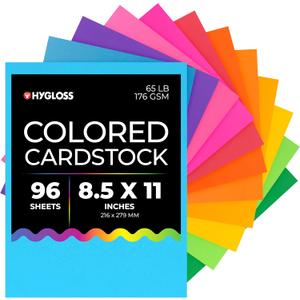 Hygloss Bright Colored Cardstock - 8.5x11-Inch, 12 Assorted Colors, 96 Sheets, 65 lb/ 176 gsm, Fade-Resistant, Acid-Free Color Card Stock Paper