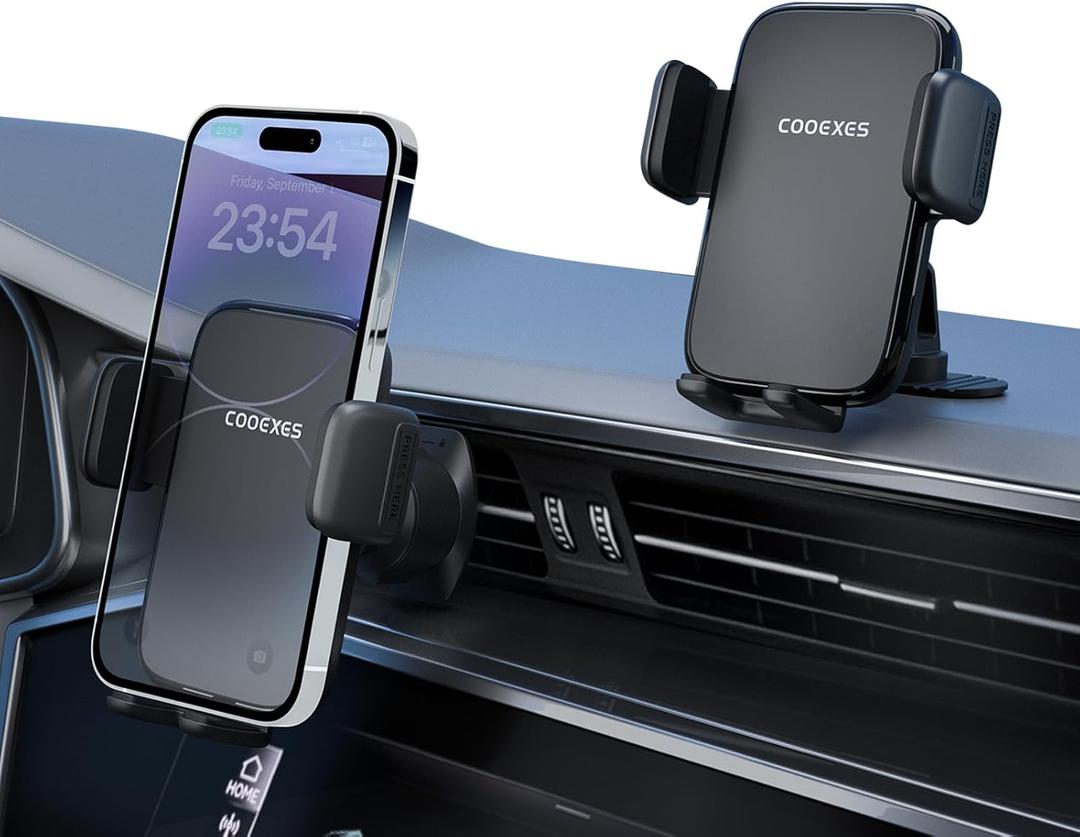 Car Phone Mount for Air Vent & Dashboard, Universal Clip Holder with 360 Rotation, One-Button Release Car Phone Holder Compatible iPhone Samsung Google Smartphones, Truck Car Accessories