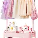 KINGRACK Kids Clothing Rack, Small Clothes Rack with Metal Basket, Wardrobe Rack with Wheels, Child Rolling Garment Rack Storage for Clothes, Coats, Skirts, Pink (Medium)