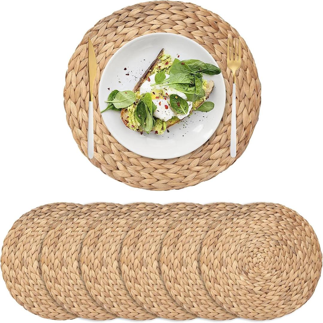 6 Pack Woven Placemats, Round Wicker Placemats, Rattan Place mats, Natural Hand-Woven Water Hyacinth Table Mats, Braided Straw Table Mats for Dining Table (13.8 inch)