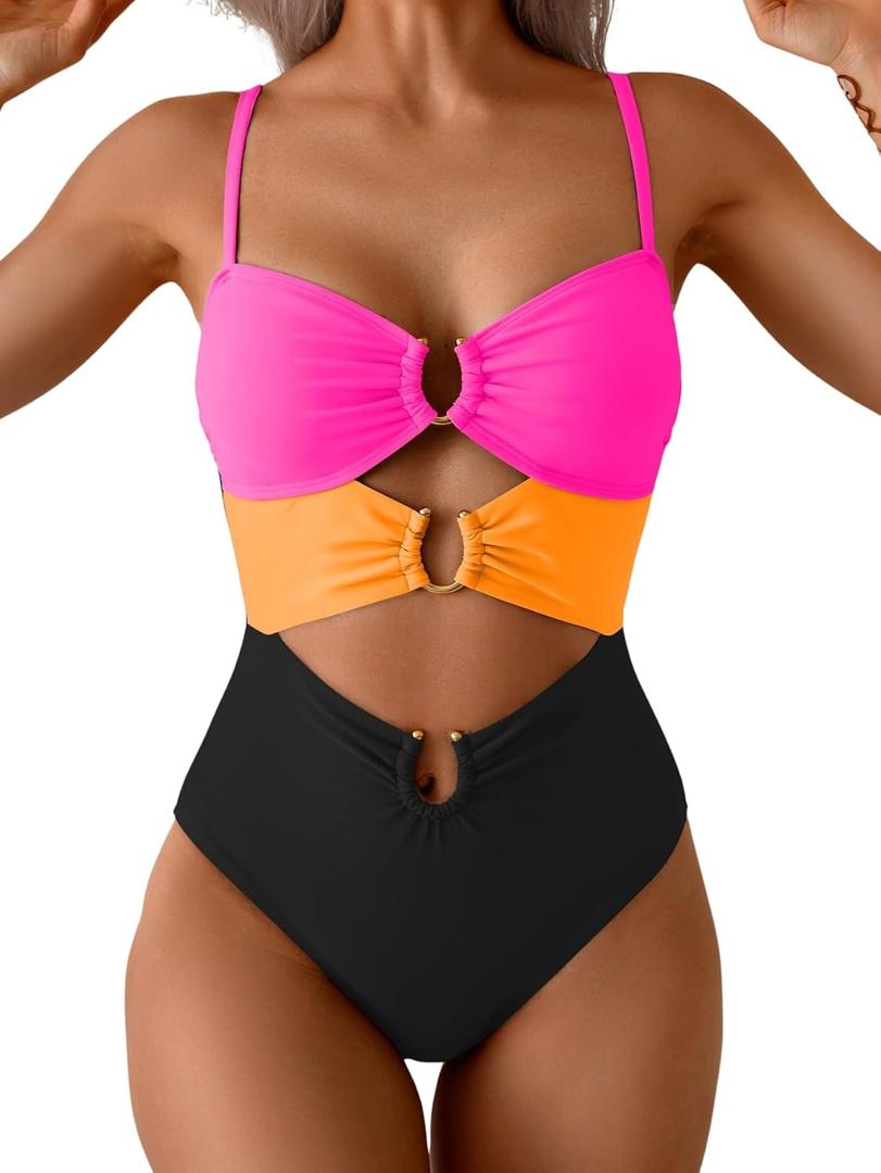 Eomenie One Piece Swimsuit for Women Ring Linked Monokini Sexy Bathing Suit Cutout Swim Suit (XX-Large, Hot Pink Orange Black)
