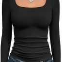 Trendy Queen Womens Square Neck Long Sleeve Shirts Double Lined Slim Fit Tops Y2K Going Out Basic Tees (Small, Black)