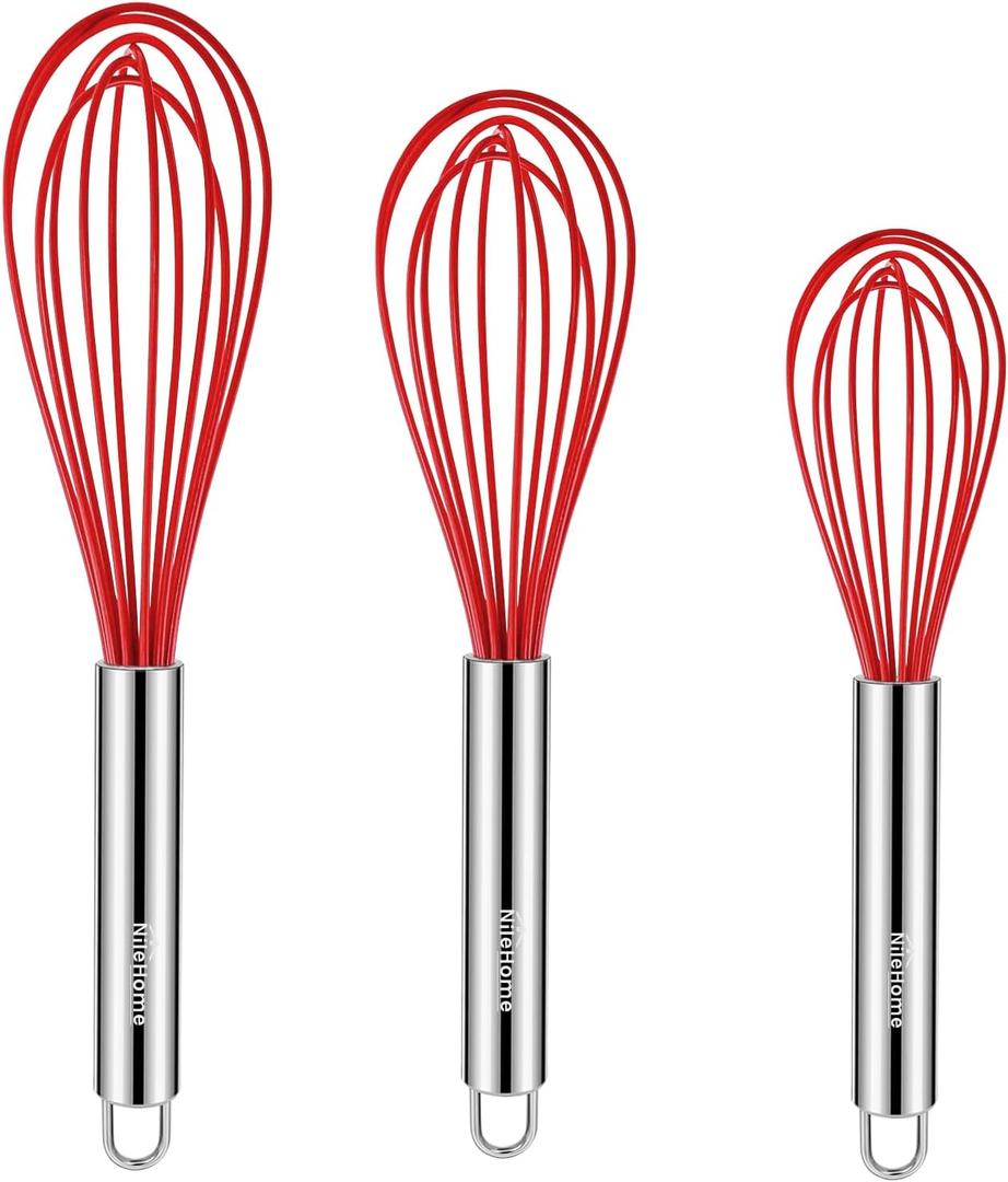 NileHome Whisk Commercial Stainless Steel whisk & Silicone Non-Stick Coated Small Whisk Set 8" 10" 12" Kitchen Wisk Wire Whisks for Cooking 3 Pack, Red