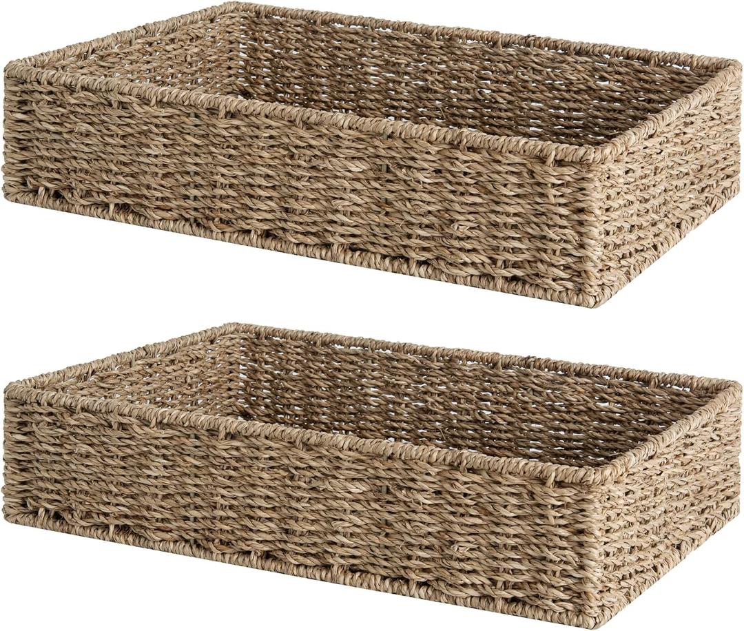 StorageWorks Large Seagrass Tray for Bathroom, Seagrass Storage Baskets for Shelves, Handwoven Natural Wicker Baskets for Organizing, 2-Pack (15 "L x 11 "W x 3 "H)