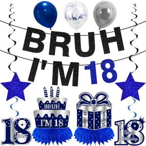 11Pcs 18th Birthday Decorations for Boys Men, Blue Sliver Happy 18th Birthday Banner, Bruh I'm 18 Balloons Centerpieces Swirls Party Supplies, Eighteen Bday Banner Ceiling Table Topper Sign