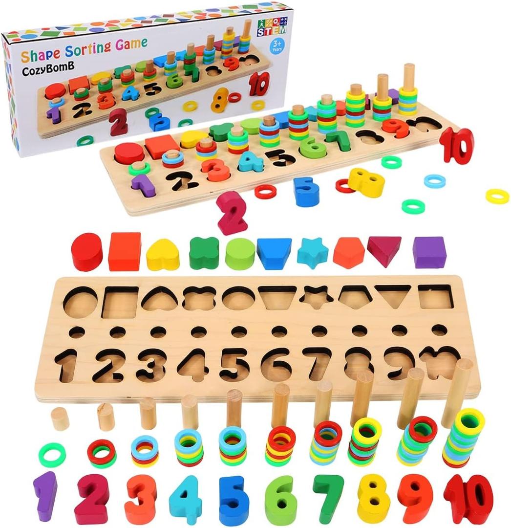 CozyBomB Montessori Educational Wooden Toys for Kids Toddler Number Puzzles Sorter Counting Shape Stacker Stacking Game Preschool Math Blocks Toys Gifts for Boy Girl Birthdays Christmas Holidays (Rainbow)