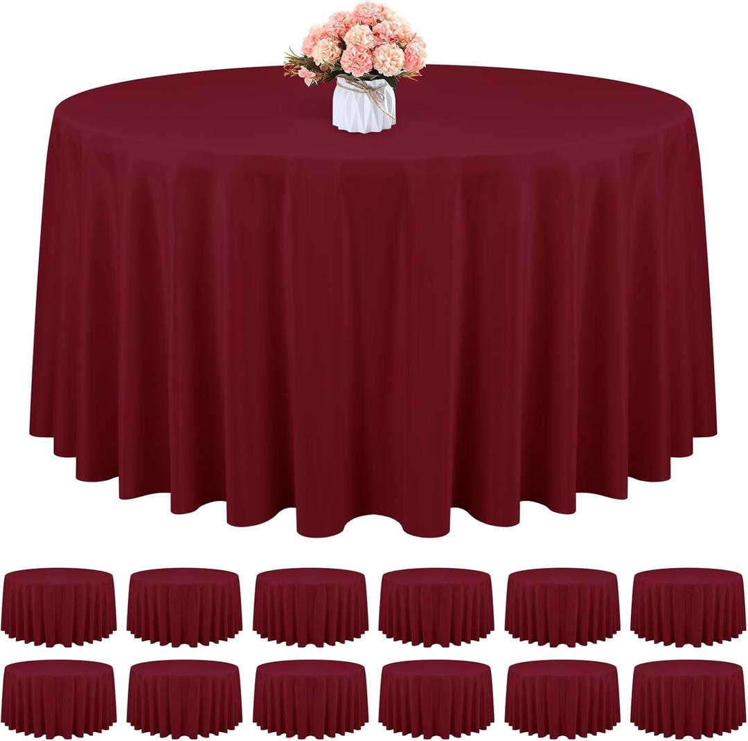 12 Pack Round Tablecloth 120 Inch - Burgundy Polyester TableCloth for Round Table, Premium Burgundy Tableclothes Washable Fabric Table Cover for Wedding Party Banquet Restaurant Reception Dining