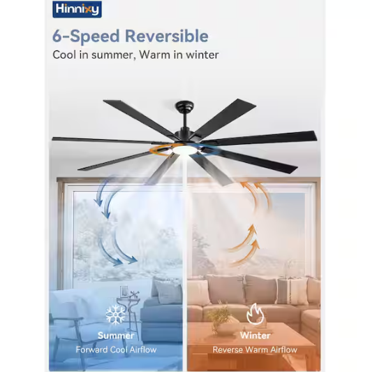 HINNIXY 80 in. Indoor/Outdoor Matte Black 3-Colors LED 6-Speeds Large Ceiling Fan w/ Dual-Finish Blades and Light and Remote ZMF80JYBK11HD - The Home Depot