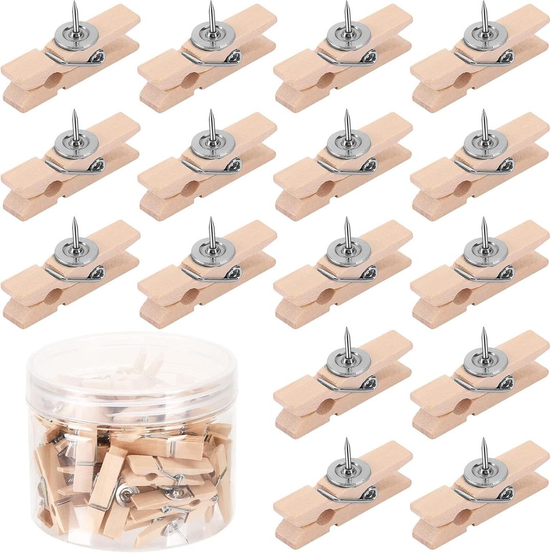 50Pcs Push Pin with Wooden Clips, SANNIX Push Pin Clips for Cork Board Decorative Pushpins Tacks Thumbtacks Bulletin Board Clips for Photo Note Calendar, School Office Home Supplies(Wooden Color)
