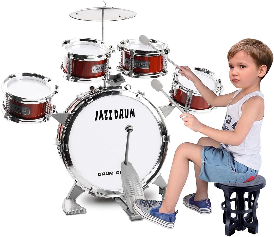 Toy Drum Set for Toddler Kids | Jazz Drum Kit with 5 Drums Percussion Musical Instruments Toys for 3 4 5 Year Old Boys Girls Gifts Ages 3-5 (Red)