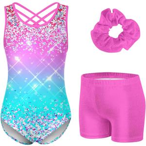 Idgreatim 5-10 Years Gymnastics Leotards for Girls Shiny tumbling outfits with Shorts Unitards Biketards (6-7 Years, Pink Blue)