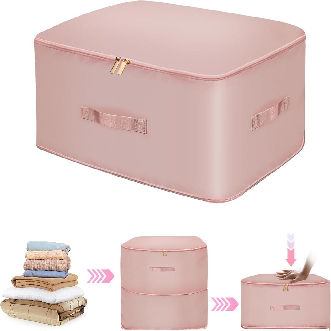 4 x Ultra Space Saving Self Compression Organizer,Comforter Storage Bag,Self Compression Dorm Moving Organizer Bags for Clothes,Comforters,Duvets,Blankets,Bedding Storage (Pink,X-L-52 * 42 * 60cm)