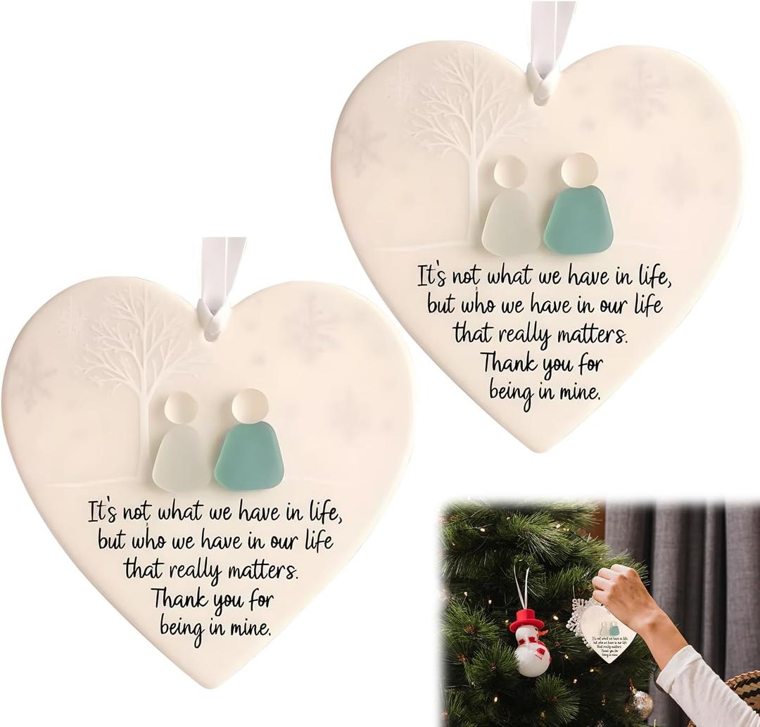2PCS Heart-Shaped Sea Glass Friendship Decor,Friendship Heart Ornament for Christmas Best Friend, Unique Holiday Tree Decoration