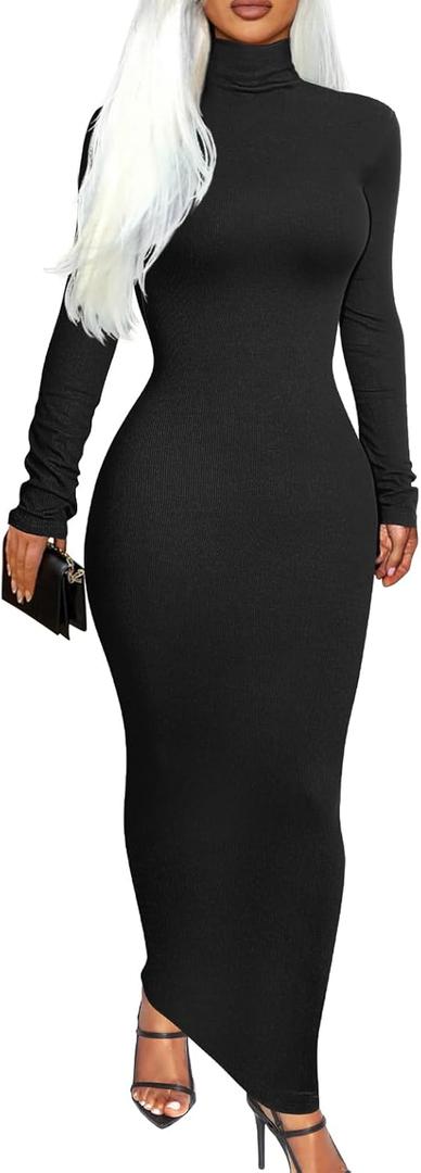 Memoriesea Women's Basic Turtleneck Long Sleeve Ribbed Bodycon Fall Slim Solid Maix Pencil Dress (Medium, Black)