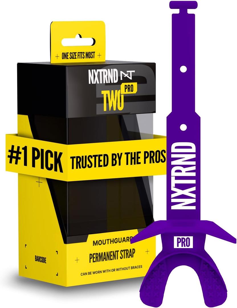 Nxtrnd Two Pro Football Mouth Guard, Permanent Strap, Fits Adult & Youth (Purple)