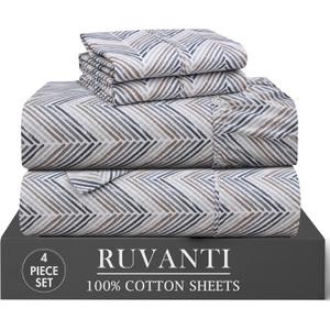 RUVANTI 4 Pcs Cotton Sheets - 100% Natural Cotton Soft, Lightweight & Breathable Crispy Percale Bed Sheets, Twin Sheets Set 16" Deep Pockets, Inverted Streak