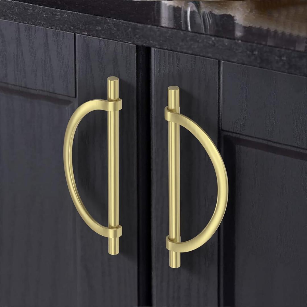 FILTA 10 Pack 6.3 Inch(160mm) Hole Centers Brushed Gold Cabinet Pulls,Stylish Kitchen Cabinet Handles Half Moon Zinc Alloy Cabinet Hardware for Cabinets Cupboard Handles Drawer Pulls