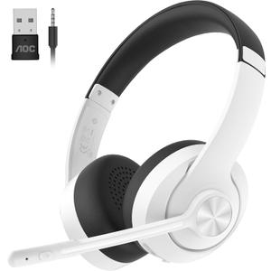 AOC Wireless Headset with Mic for Work with Noise Cancelling Mic for Clear Calls, 30H Playtime PC Bluetooth Headphones and Multipoint Connect to Laptop Computer and Mobile, Wired or USB Dongle- White