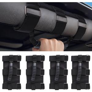 4 Pack Grab Handles for Jeep Wrangler CJ YJ TJ LJ JK JKU JL JLU & Gladiator JT (1955Present)  Roll Bar Handles with Upgraded Metal Buckles & Reinforced Stitching, Easy Install Front & Rear