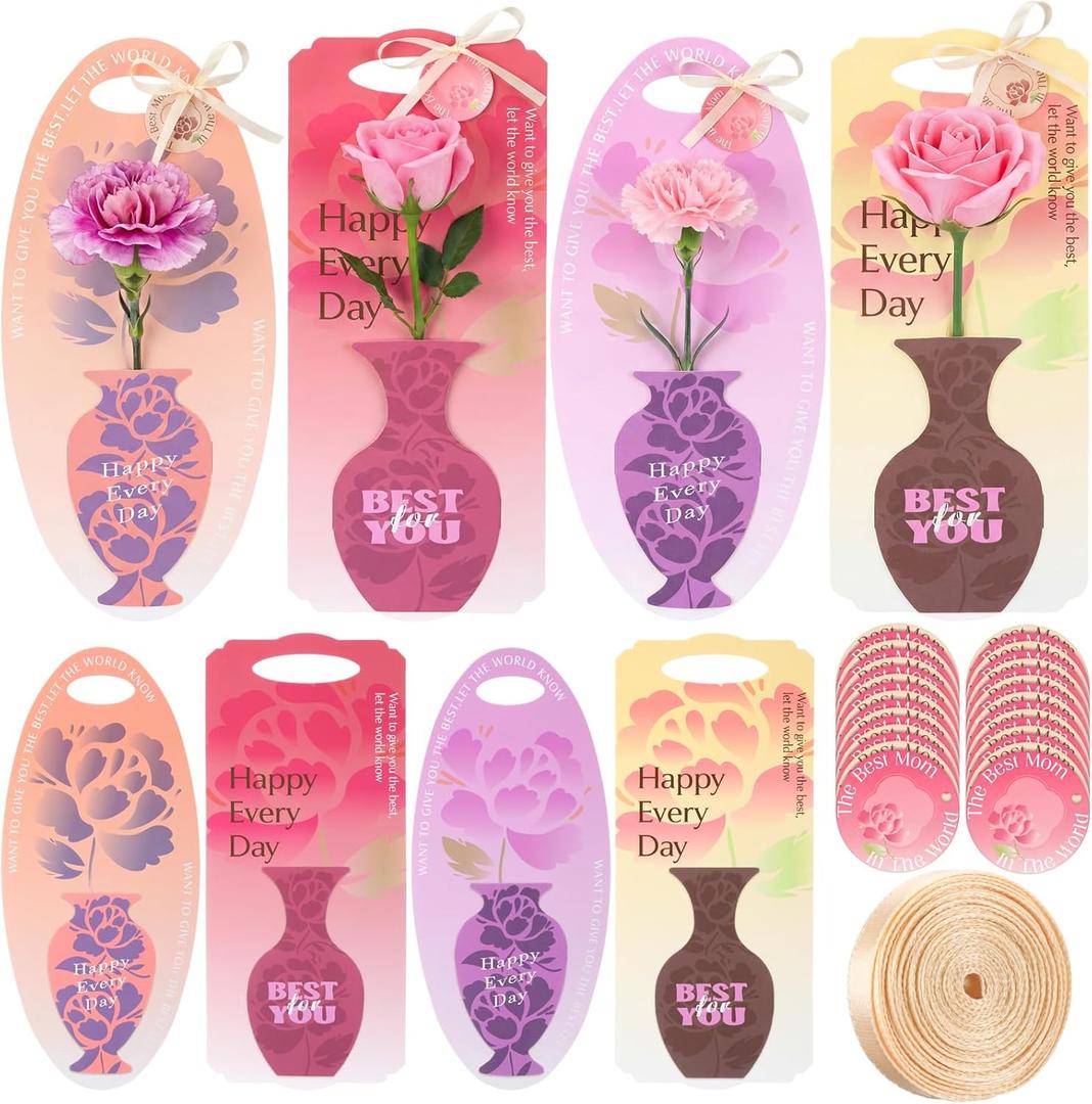 Gueevin 24 Set/48 Pack Mother's Day Flower Bouquet Gift Boxes Single Rose Carnation Floral Cards Sleeve Gift Packaging with Tags 4 Styles Flower Insert Card Holder for Mother's Day Floral Arrangements
