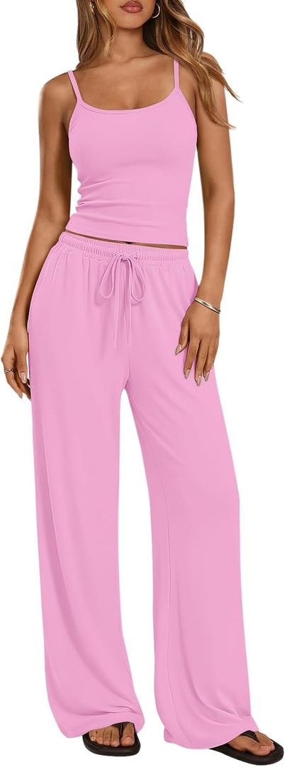 Trendy Queen Women's 2 Piece Lounge Set Summer Outfits - Camisole Top & Wide Leg Pants (Pink, S)