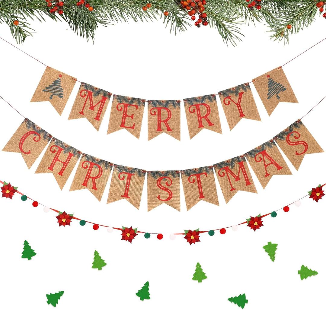 Christmas Burlap Banner and Felt Poinsettia Garland, Pre-strung Christmas Banners, Xmas Decorations for Home Mantel Office