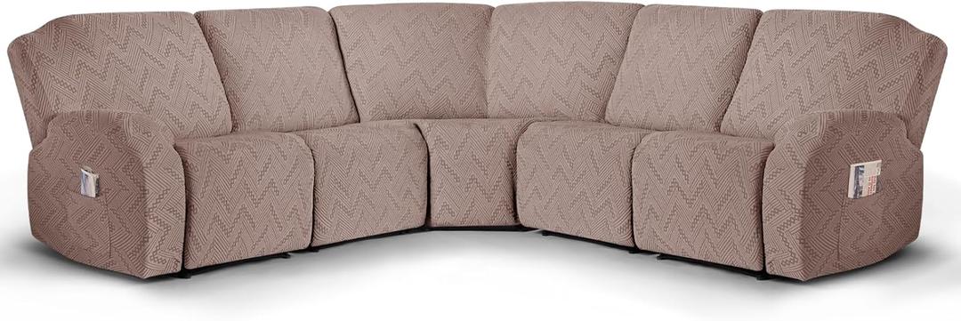 Ruaozz Sectional Sofa Covers Oversized L Shape 5 Seat Recliner Couch Covers - Washable Soft Extra Large Sectional Covers with Pockets (Khaki)