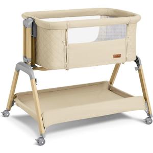 TotRun Bassinet Bedside Sleeper, Rocking Bassinets with Comfy Mattress and Wheels for Newborn, 5-Height Adjustable (Beige), Crib