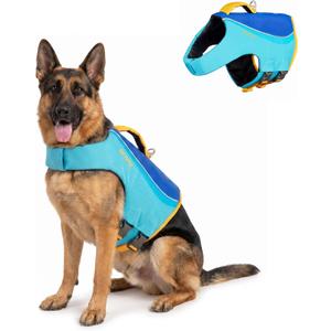 Tuff Pupper Dog Life Jacket | High Buoyancy Dog Swim Vest with Rescue Handle | Adjustable Secure Fit | Reflective Safety Trim | Pet Flotation Jacket for Swimming Boating Kayaking (Blue/Yellow, XL)