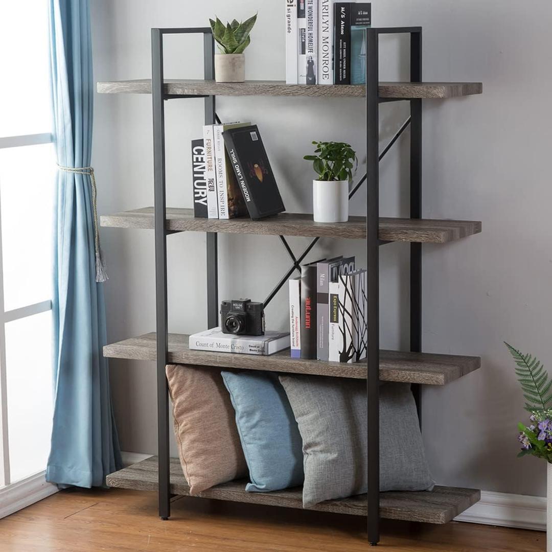 HSH 4-Shelf Vintage Industrial Bookshelf, Rustic Gray Wood and Metal 4 Tier Bookcase, Open Wide Etagere Book Shelf for Home Office Livingroom Bedroom Dispaly, Light Grey Oak