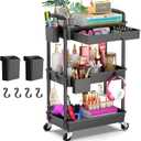 Goovilla 3 Tier Rolling Utility Cart Organizer with Removable Drawer, Stable and Sturdy Black Rolling Storage Carts with 2 Lockable Wheels for Bathroom, Kitchen, Snack, Craft, Makeup, Baby Essentials, Black